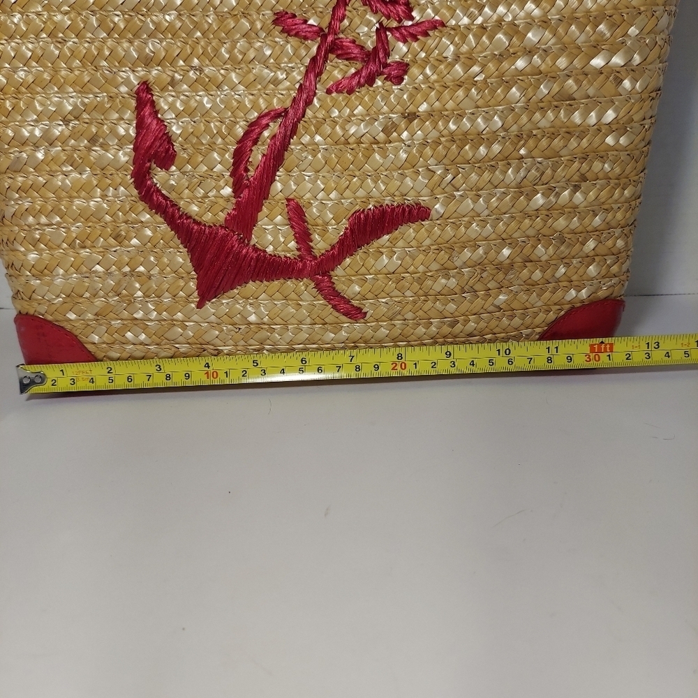 Straw Studios Bags: Tote Red Anchor Appliqué Natural Straw Nautical Beach - Picture 3 of 13